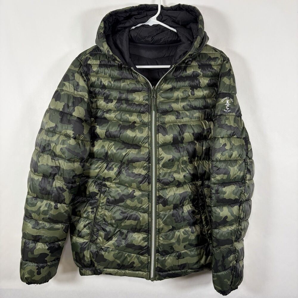 Kenneth Cole Reversible Full Zip Hooded Puffer Jacket Men Small Green Camouflage